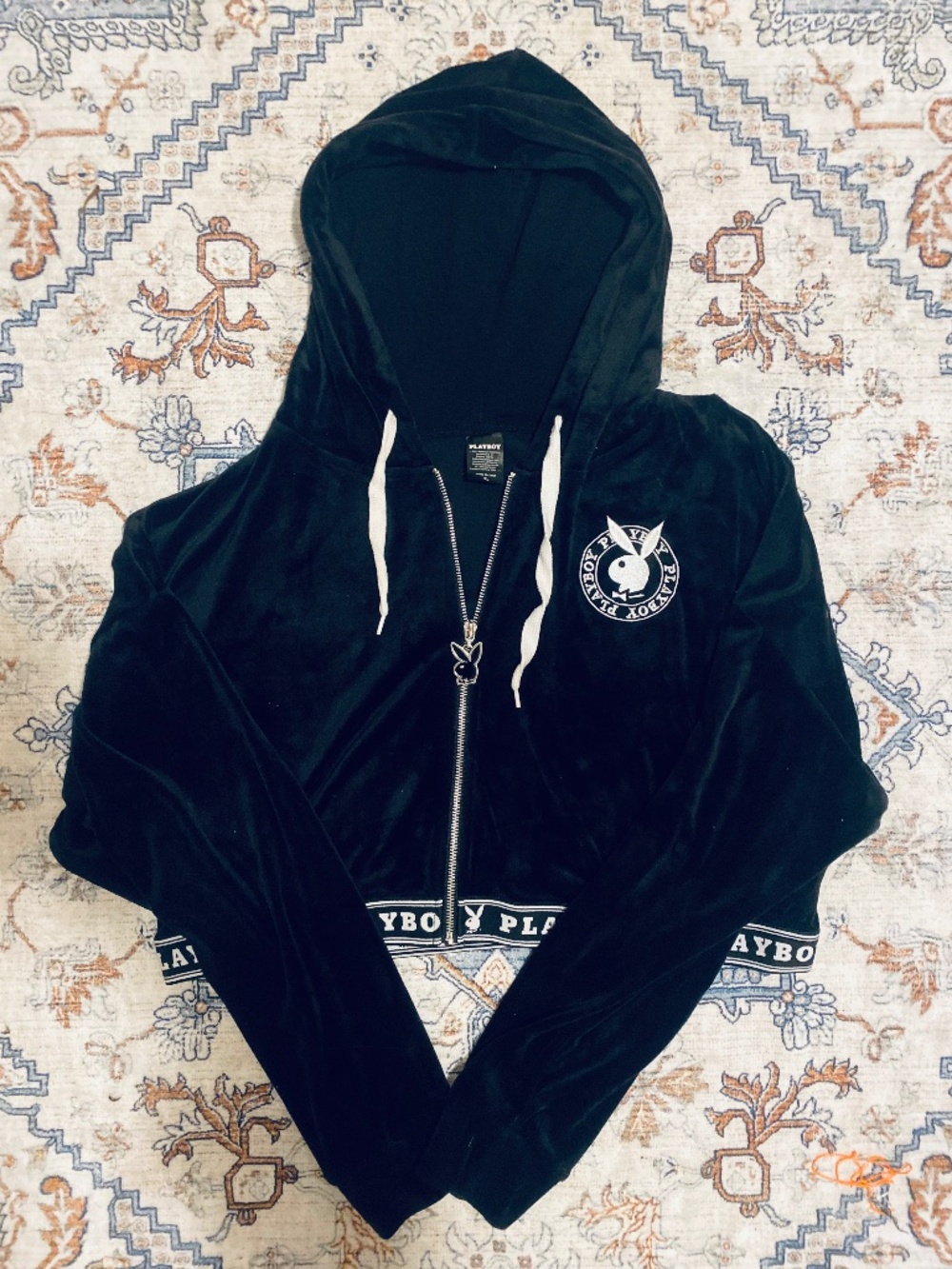 black velour Playboy zip-up hoodie Y2K style